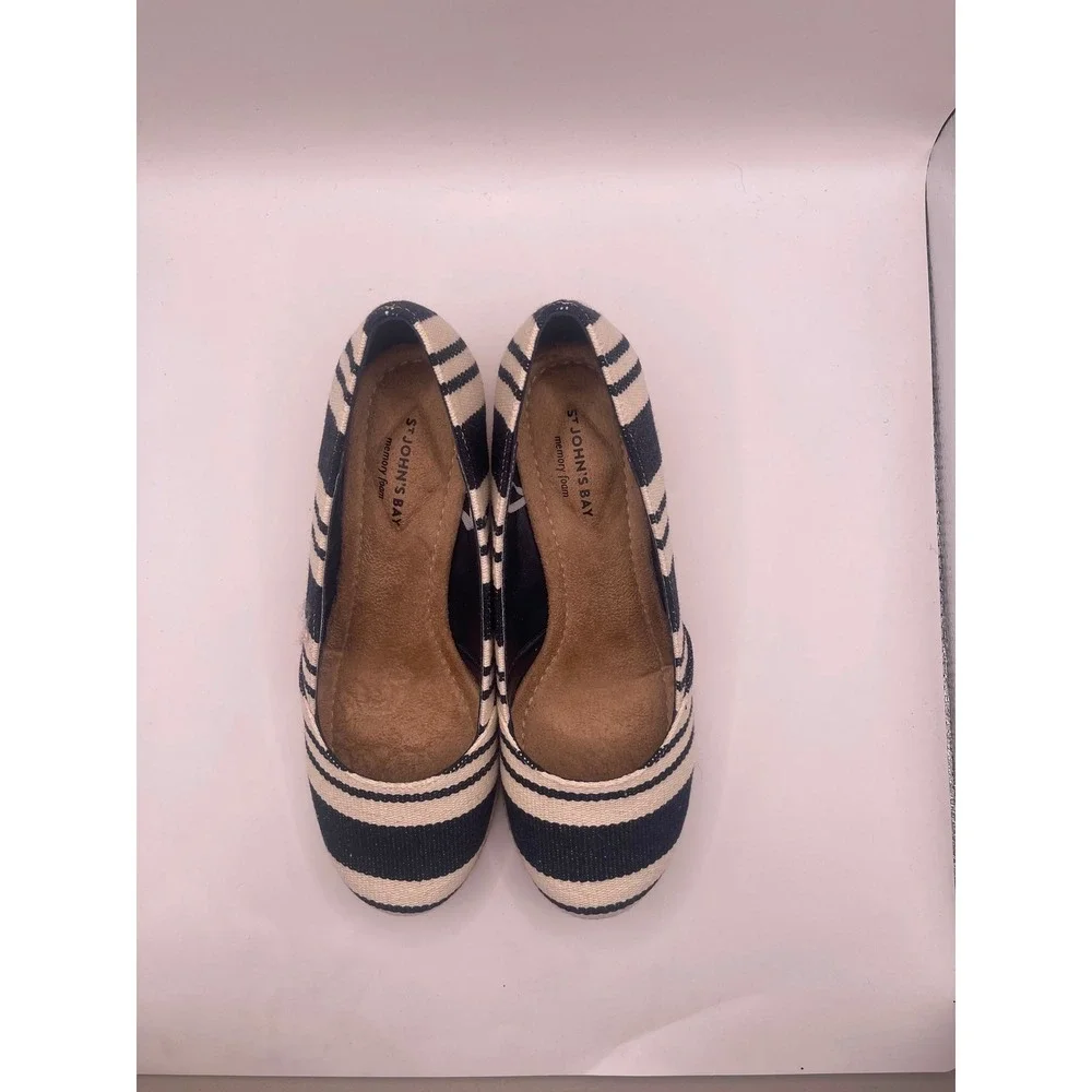 St Johns Bay Botanic Navy Stripe Espadrille Wedge Shoes 5.5W Wide Memory Foam